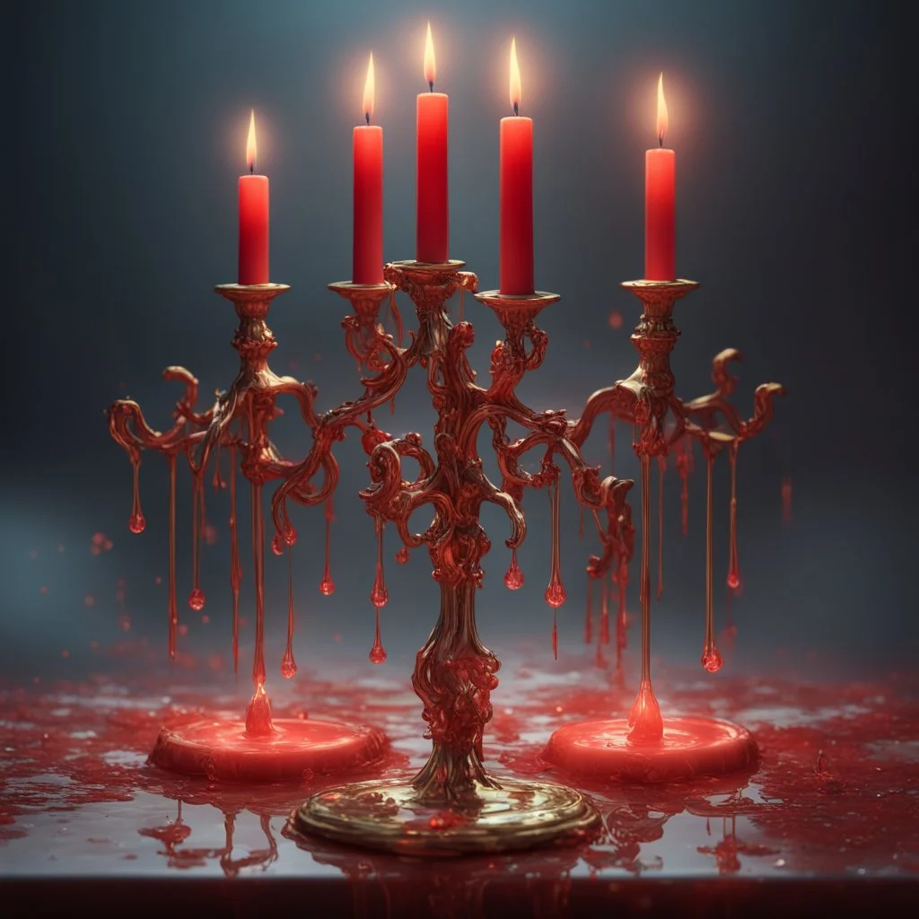 Red candles on a three-armed gold candlestick, dripping wax. Illustrative art, art interpretation, concept art, cgsociety contest winner, seasonal art, seasonal art HD, 4k, 8k, intricate, detailed, intricately detailed, luminous, translucent fantasy crystal, holographic data, soft body, shadow play, light, fog, atmospheric, cinematic, light film, hyper-detailed, hyper-realistic, masterpiece, atmospheric, high resolution, 8k, HDR, 500px, mysterious and artistic digital art, phototic, intricate, f