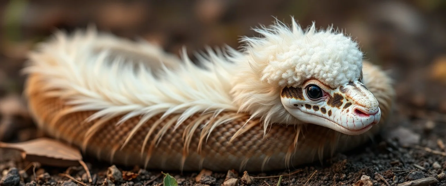 long fluffy slinky ahow snake with a sheeps head