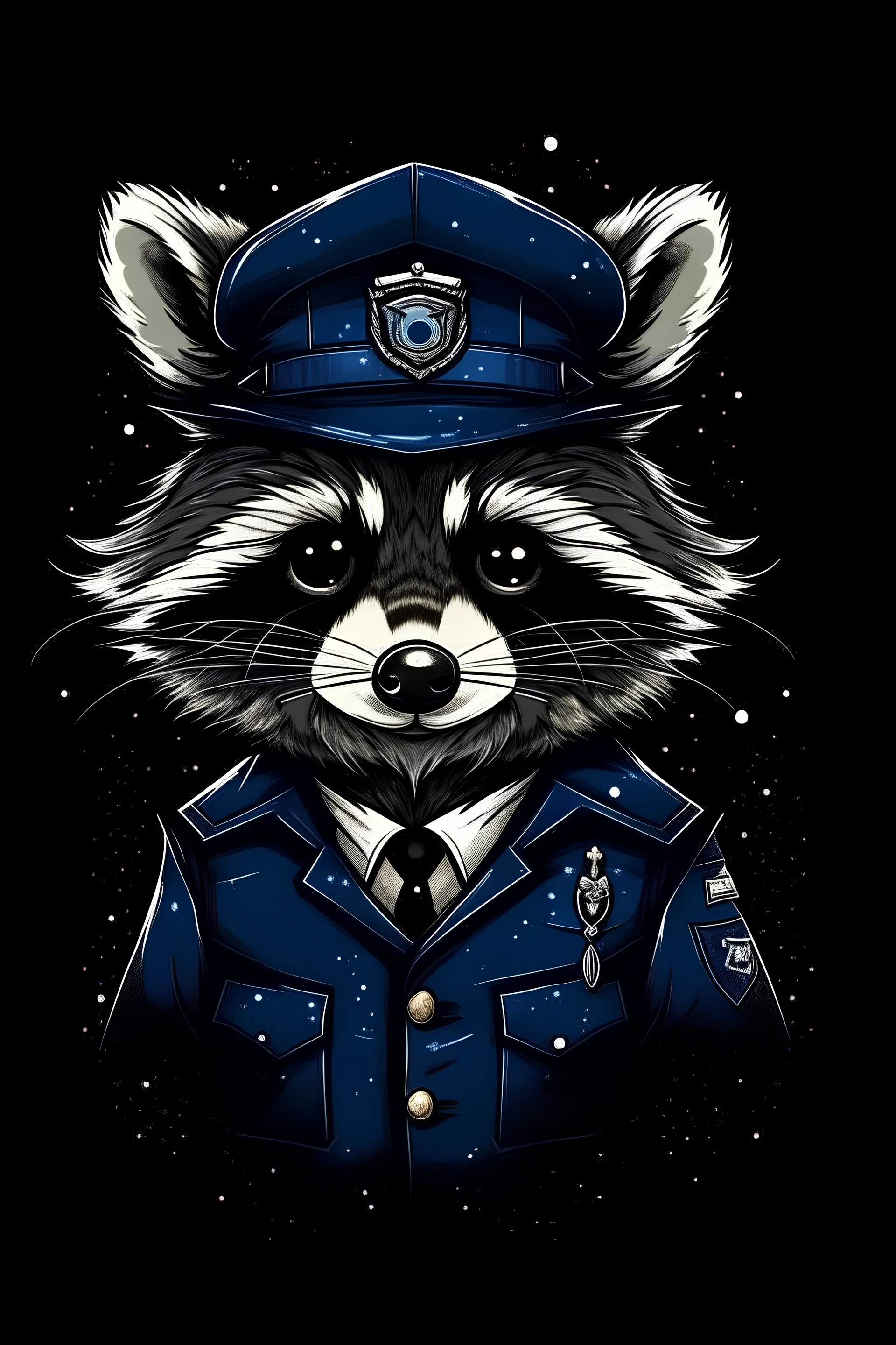 Primer plano un mapache, con sobretodo oscuro, detective, policía, noche húmeda con estrellada.