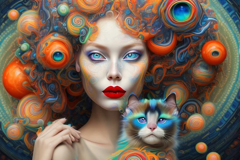 A surreal portrait of a woman with large, expressive blue eyes and red lips, with her hair adorned with swirling patterns in a kaleidoscope of bright colors including oranges, blues, and greens, resembling candy-like curls and abstract floral elements. She is gently holding a small siamese cat with glossy tawny fur. The background is a continuation of the swirling, dreamlike patterns that complement the colors found in the woman's hair, creating an overall fantastical and harmonious composition