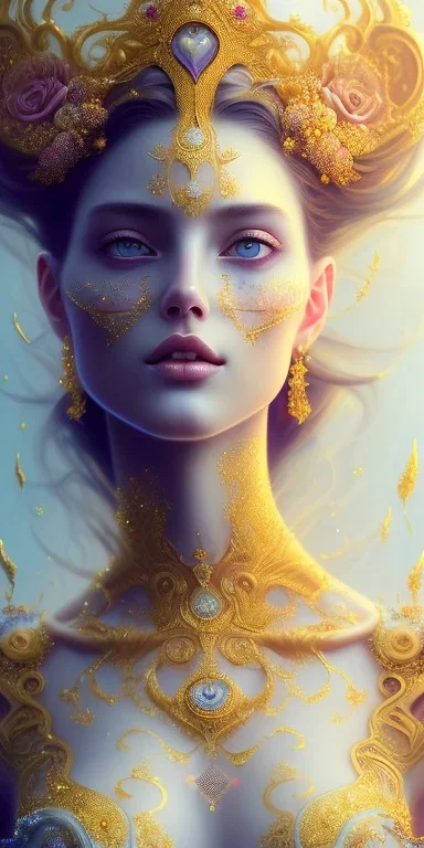 ultradetailed beautiful portrait painting of love Aphordite with short flowing brown hair and sharp piercing gaze of deep grey eyes, alluring beauty, smile lip, wearing jewels, roses, ultra ornate, gold leaf deatils, wearing white dress, by conrad roset, greg rutkowski and artgerm, trending on artstation