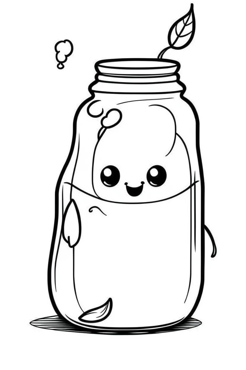 KAWAII ghost stuck in the jar idea, line art, background, vector, svg, black outline on white background, leave plenty of white space beetween lines for coloring, tattoo style, tattoo idea,full body, minimalist