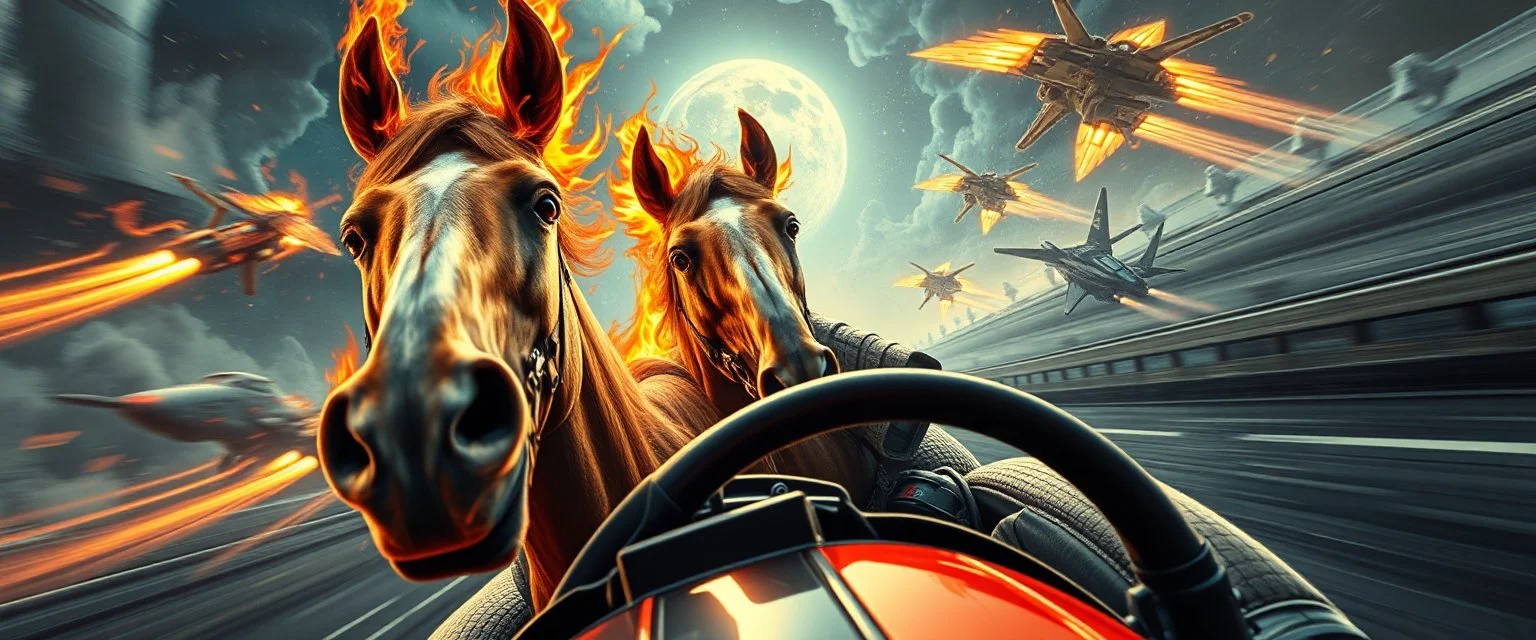 clumsy horse with ears on fire, b movie poster, etheral astral weird perspective worried yoga vin diesel legend race car racing with huge g force against spaceships going sideways in ramp driver close up portrait of dj magic kobold gremlin farmer pilot looking down on cam, with background in the style of escher and giger, a chill contrapunctus fugue in the style of fsol, beethoven,