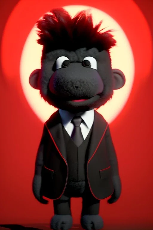 Waist up muppet Portrait, Kim Jong-un muppet doll, black suit, photo studio, red background, unreal engine 5, concept art, art station, god lights, ray tracing, RTX, lumen lighting, ultra detail, volumetric lighting, 3d.