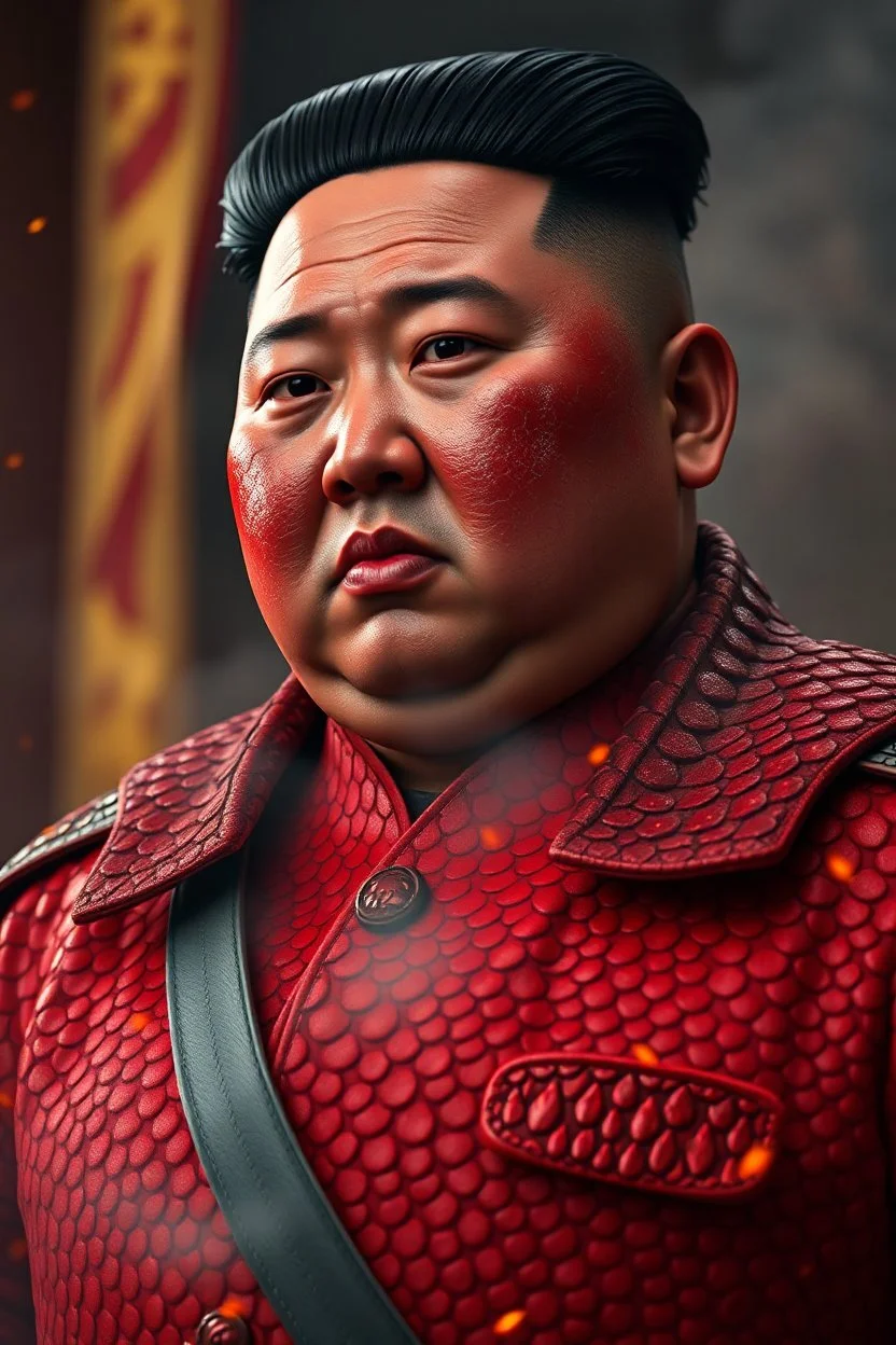 President Kim Jong Un , red skin, scales, unreal engine 6, high detail, intricate, cinematic. photoshoot style, intricate, studio lighting, masterpiece , highly detailed, 8k, best quality, fire, smoke, dramatic,d,<lora:mshn:0.7>,<lyco:Warrior_Couture:0.5>,