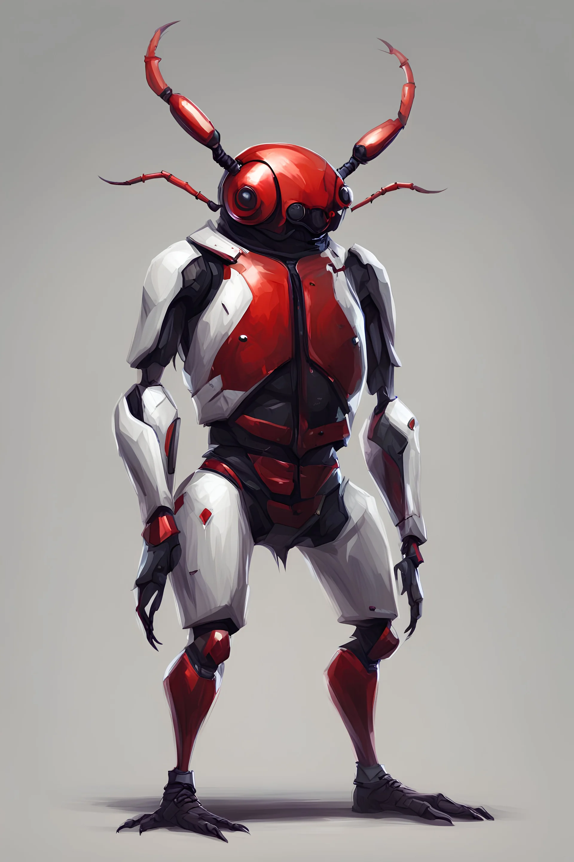 metallic red battle beetle, anthro, humanoid, wearing a white t-shirt and black shorts, standing, realistic digital art style