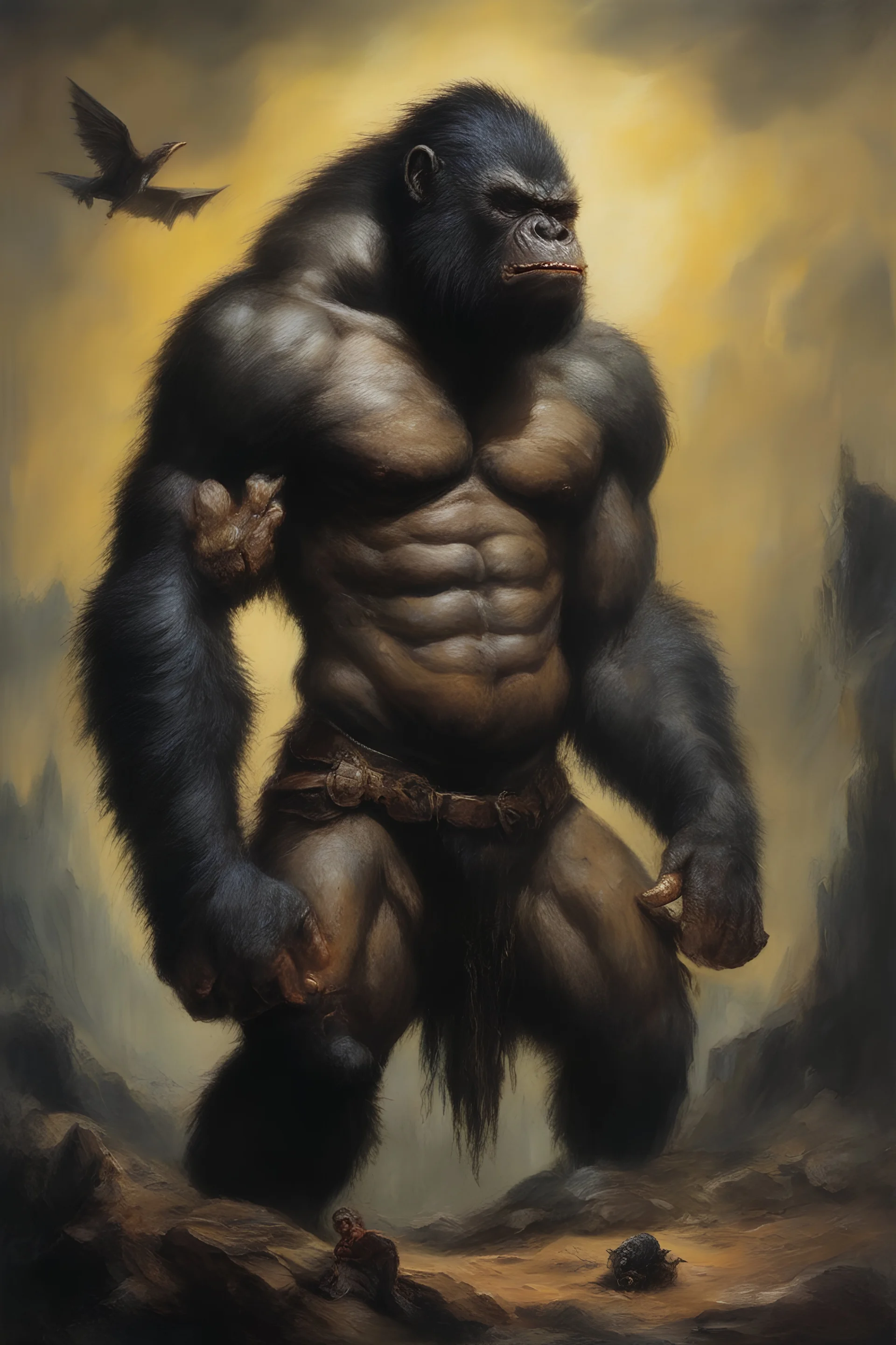 an extremely ugly abomination of the Ratman bat werewolf gorilla monster barbarian sad sack - oil painting by Boris Vallejo