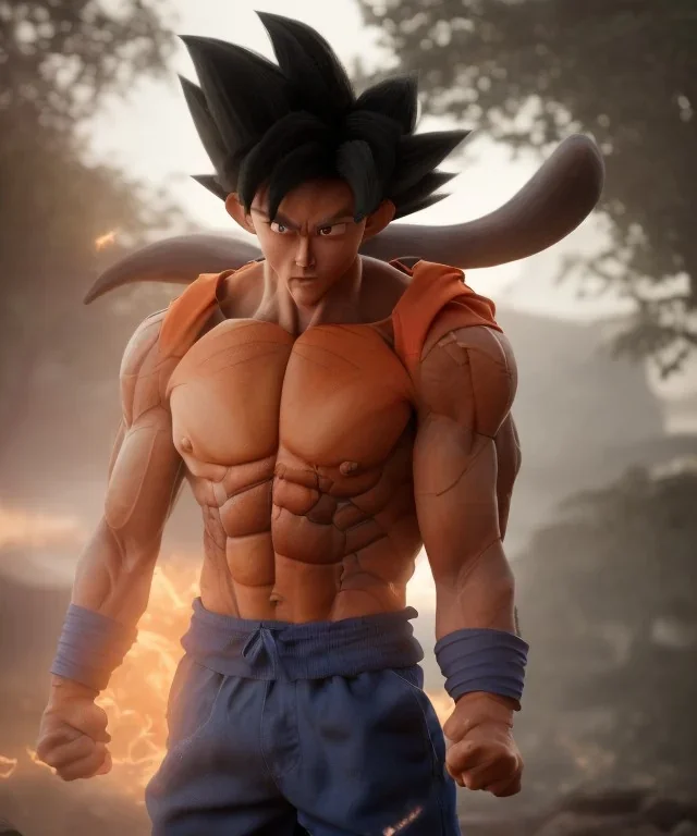 Goku, avatar style, fighting pose, muscular body, shirtless, volumetric details, hyper realism, unreal engine 5