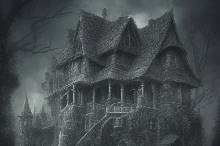 one Wednesday Adams, black and white, small scary house , pointy roof, cursed trees , dark forest, spiders, bats, bones, Escher style