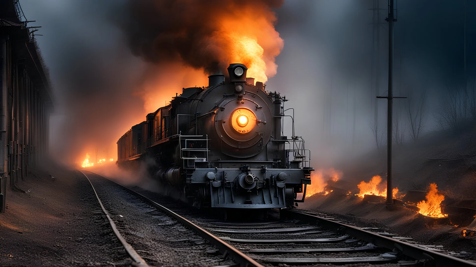 A masterful composition, gritty and realistic photo, a colossal and scary old mechanized sentient locomotive robot running on a train track with legs, illuminating the night with flames and lights, in a foggy valley, leaving a trail of smoldering coals, HDR, extremely detailed, detailed background, high contrast, bold shifts of light and dark, cinematic, complex and multidimensional lighting, eerie