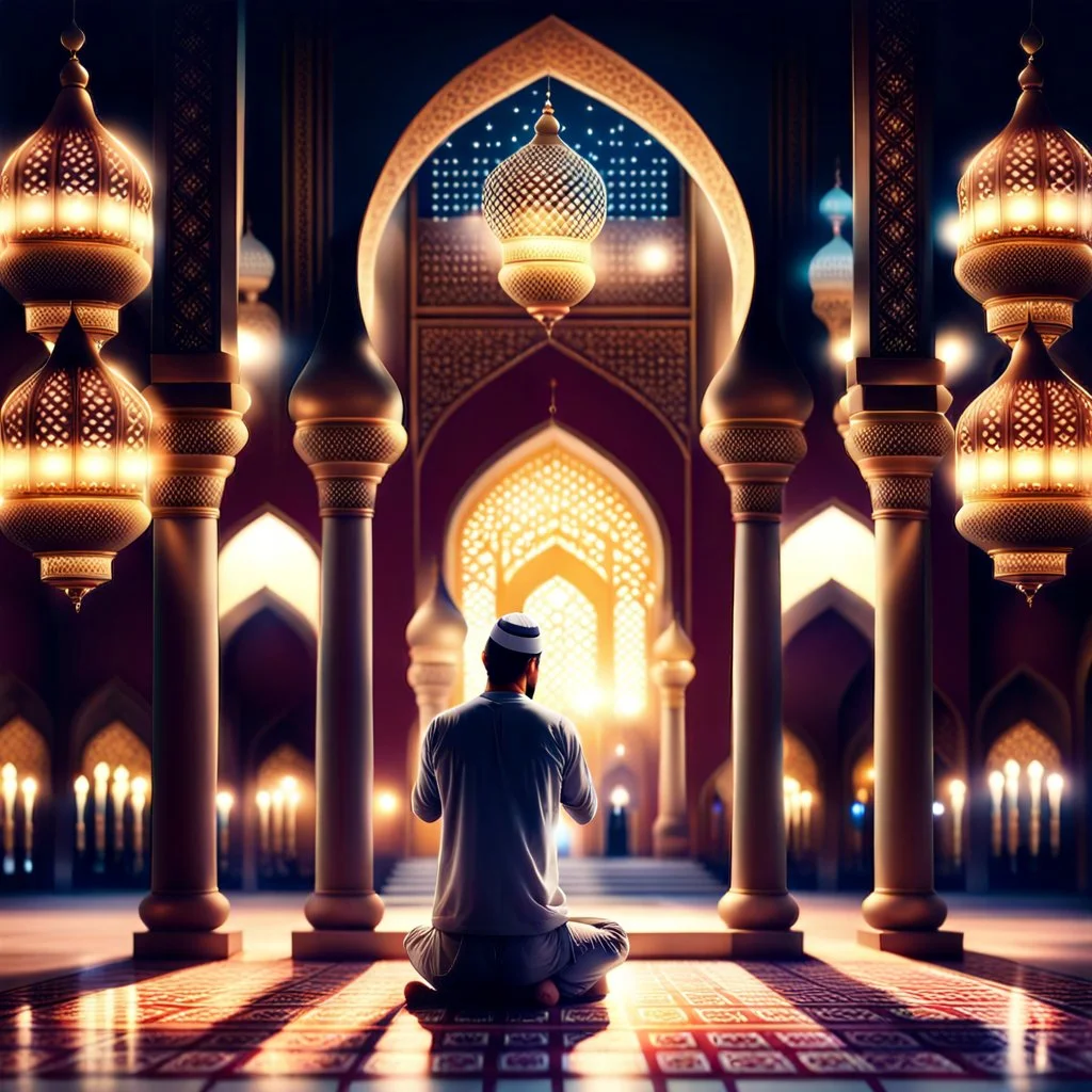 Hyper Realistic Man Praying & Ramadan Lights inside a beautiful mosque at night