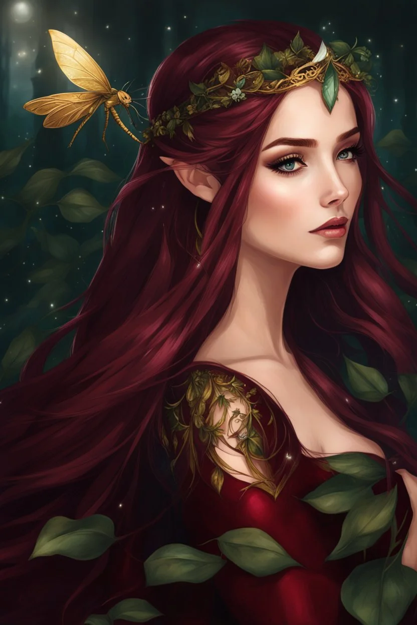 Burgundy hair, dark hair,dark red , rapunzel hair,very long hair,dark fairy princess,elven crown,night,dragonflies,beautiful,ong ashes,golden armor ,sparkle,night blooming,ivy,dark green,lilly of valley,golden elven crown,elven warrior,dark gold armor