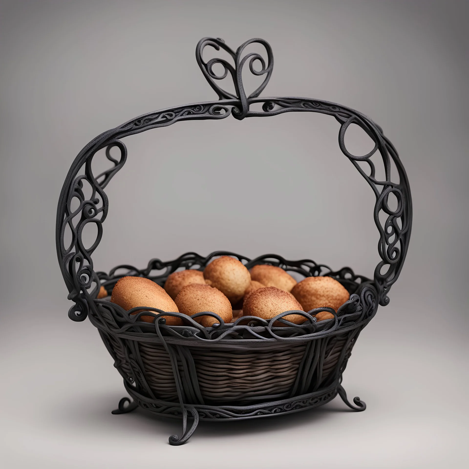 Alinor Bread Basket made of wrought iron and inside is break that is alive with eyes and a silly mouth, in low poli art style