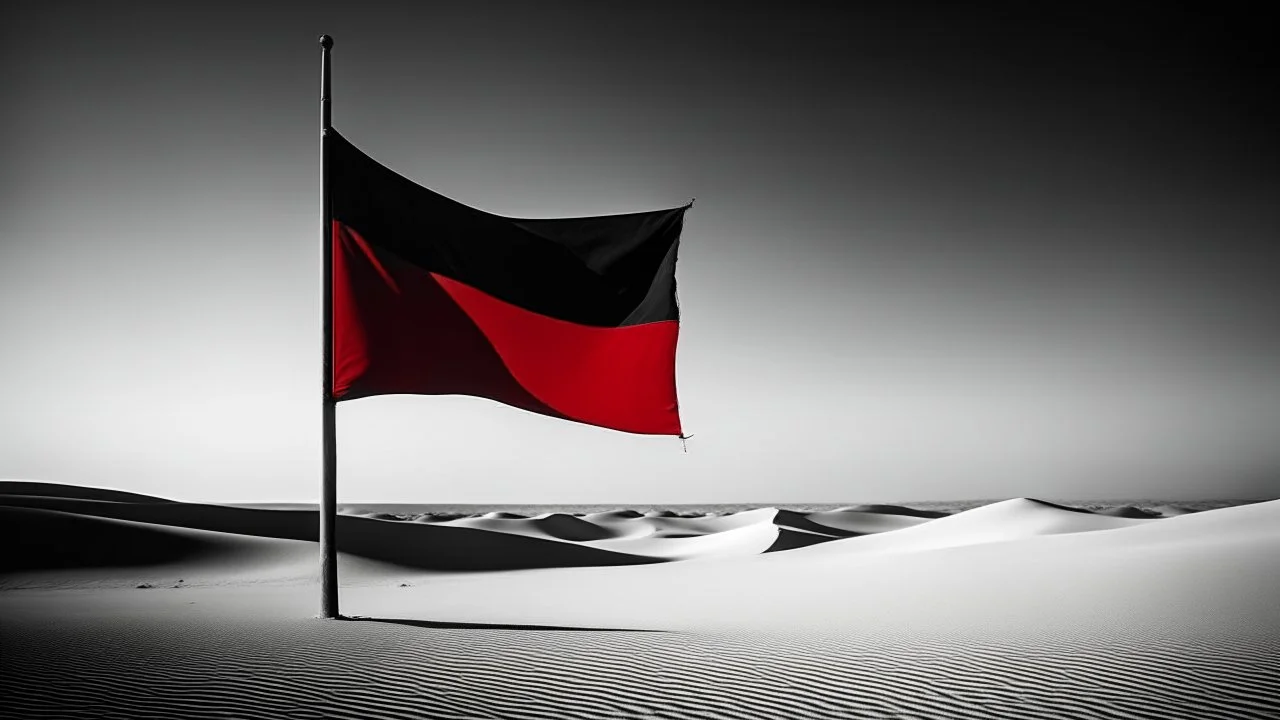 An abstract photo by Malevich and Kuniyoshi of a black and white desert landscape with a minimalist red pirate flag.