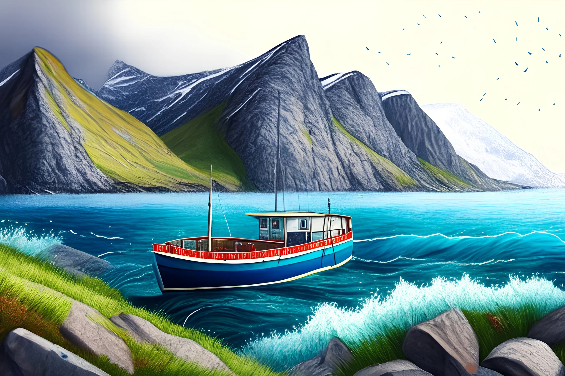 Colored pencil drawing of Norway, mountains, ocean, small fisher boat, very detailed, realistiv