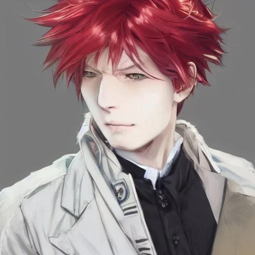 Detailed anime boy, crimson red hair, classic taper hairstyle, dante dmc hair style, wolf ears, white trench coat, intricate details, full body portrait, keep head in frame, slight smile, black Japanese motif, concept art, highly detailed, digital painting, concept art, sharp focus, illustration, art by Yoji Shinkawa, WLOP and greg rutkowski and alphonse mucha and artgerm and yanjun Chen and Junji ito and Makoto Shinkai, HDR, octane render