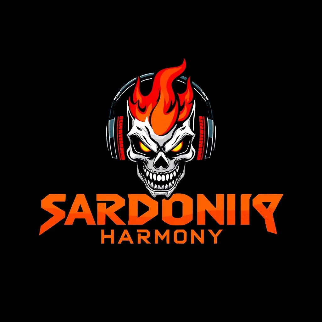 abstract logo for rock band orange text "SARDONIC HARMONY" in a futuristic robotic font, sinister evil marshmallow head with headphones and red flames, horror, black negative space, by Petros Afshar