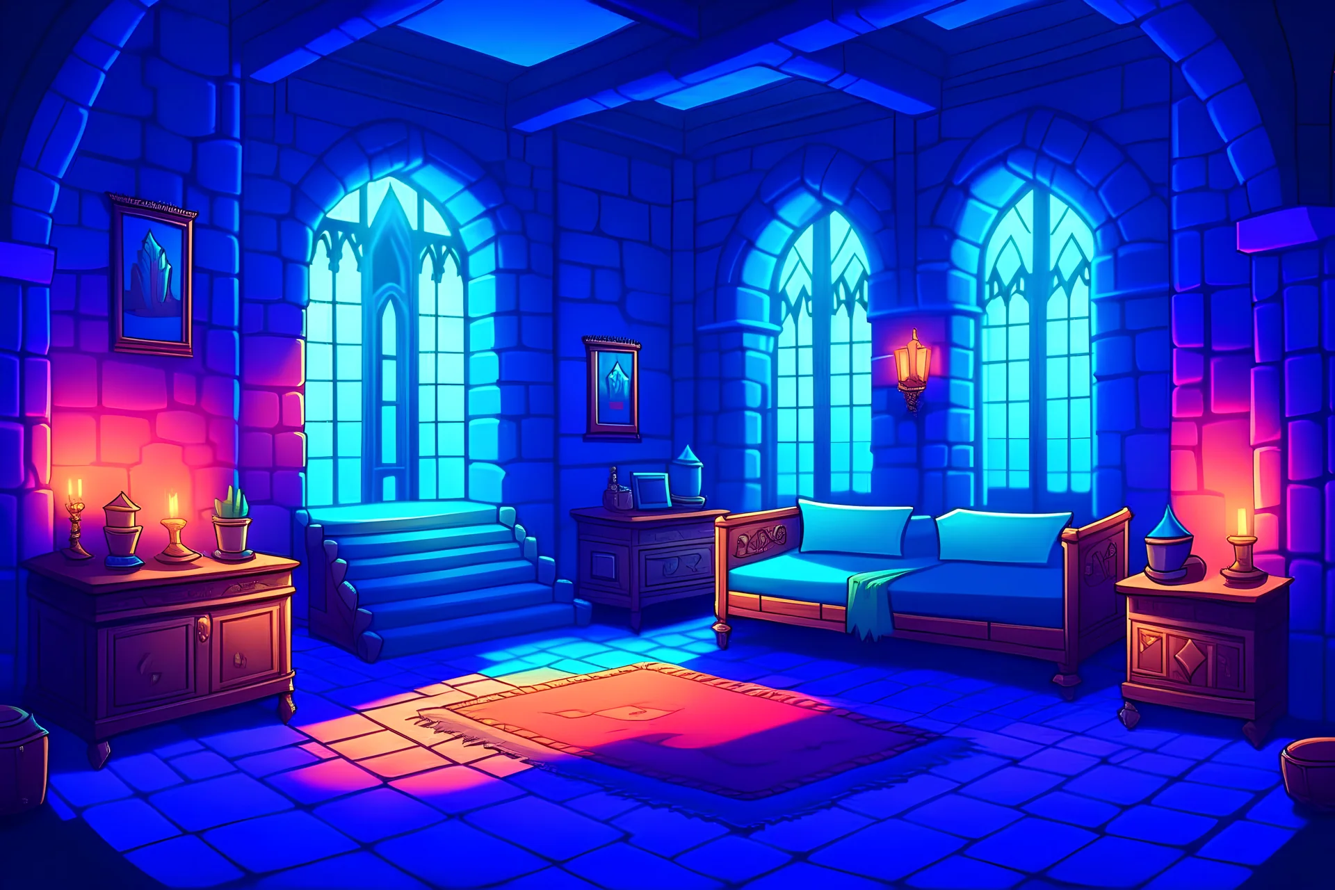 Castle room ,2d platformer, stylised ,flat design, game art, enhanced, detailed, side view,long distance shot, cold colors,wide