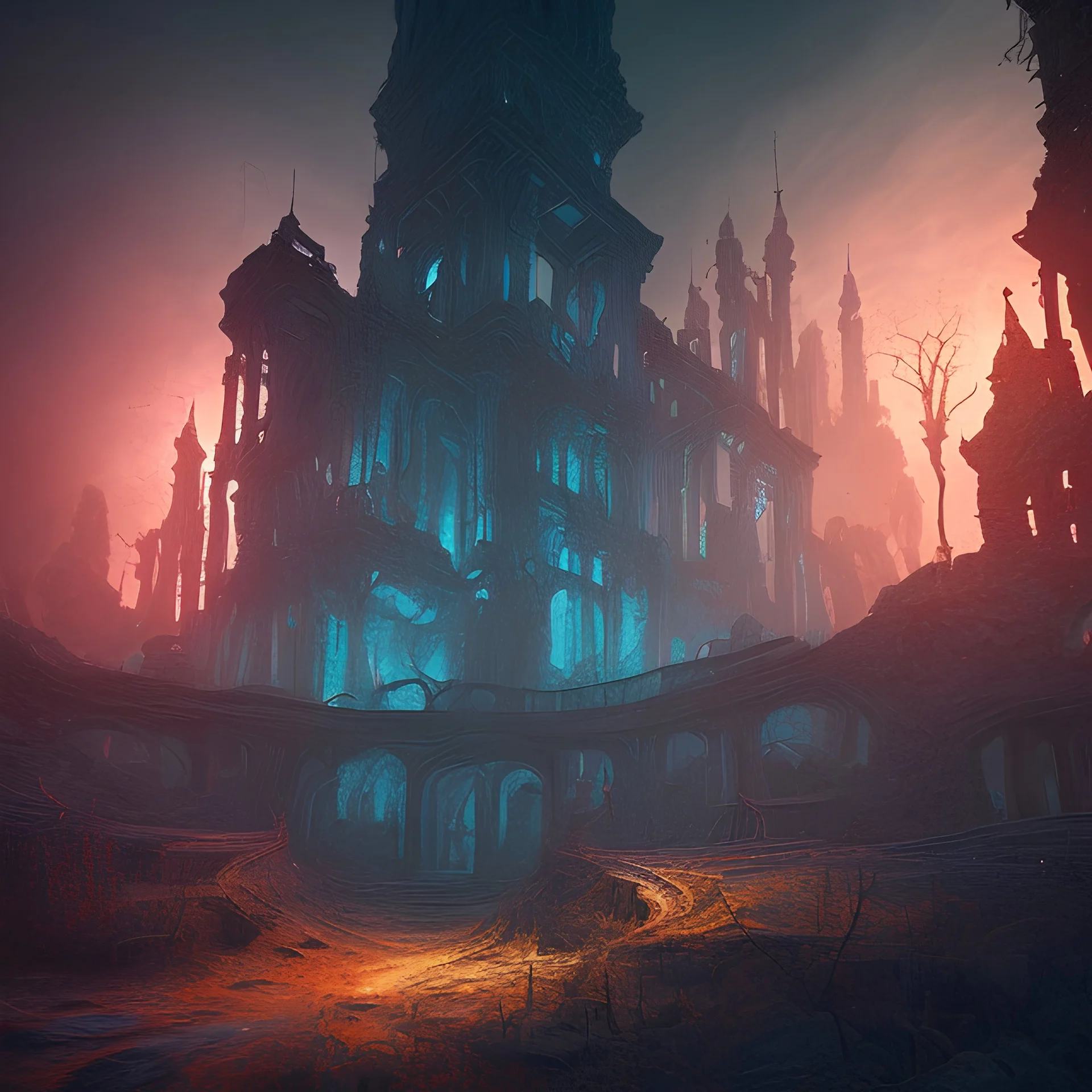 dynamic lighting, Intricately detailed, deep color, Unreal Engine, volumetric lighting, Hell landscape, Hell concept art, Hell fantasy artwork, nightsky, blue, black, nebulae, fields, abandoned buildings, ruins,