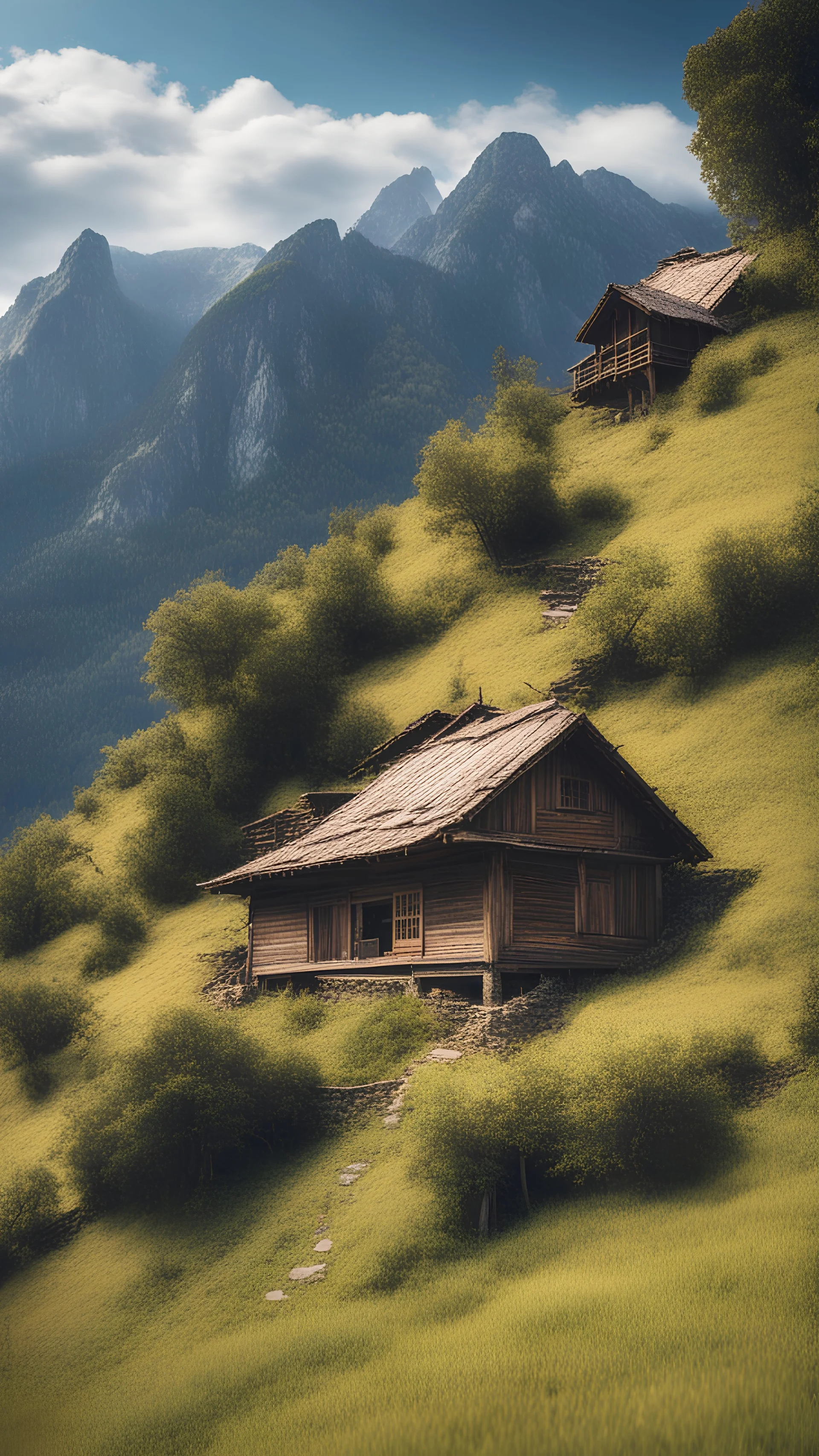 old wooden house in a hill, in the center, one house, sky above, mountain, chill, vibrant