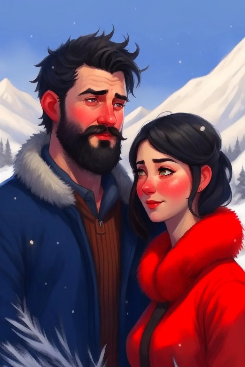 Mountain Christmas scene, dark haired couple, man with short black beard, blue eyes, sketch