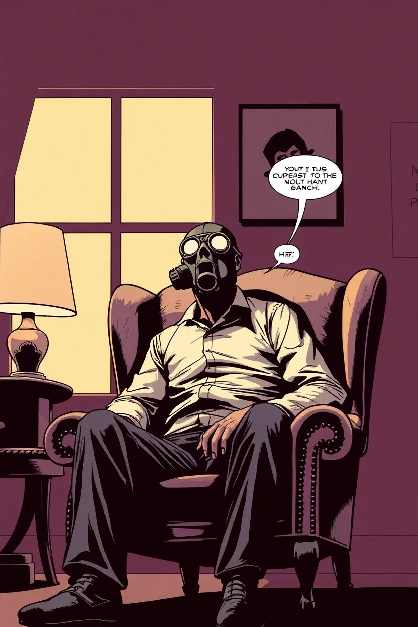 6 panel comic page of a man in a gas mask sitting in a wingback chair, graphic novel