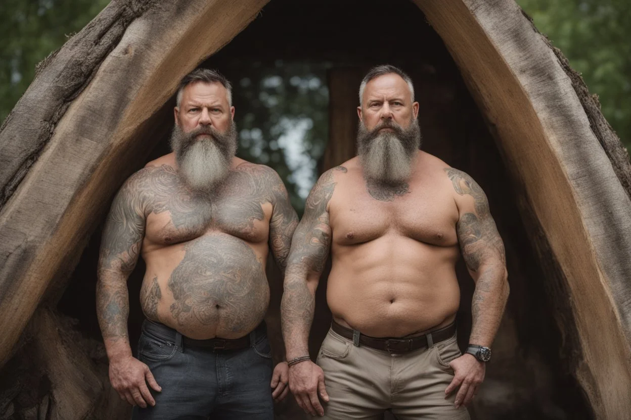 full body two men 50 years old woodcutter in boxer muscular chubby hairy shirtless with many tattooes with a huge bulge , body, long beard, wood background,High detail, very detailed, ultra HD, 8k, cinematic