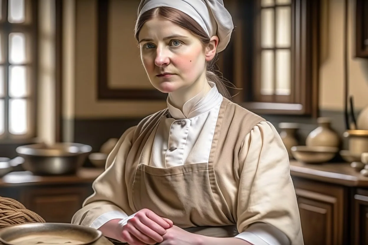 ww1 woman cook talking close-up standing up looking to the camera, ww1 mansion kitchen background