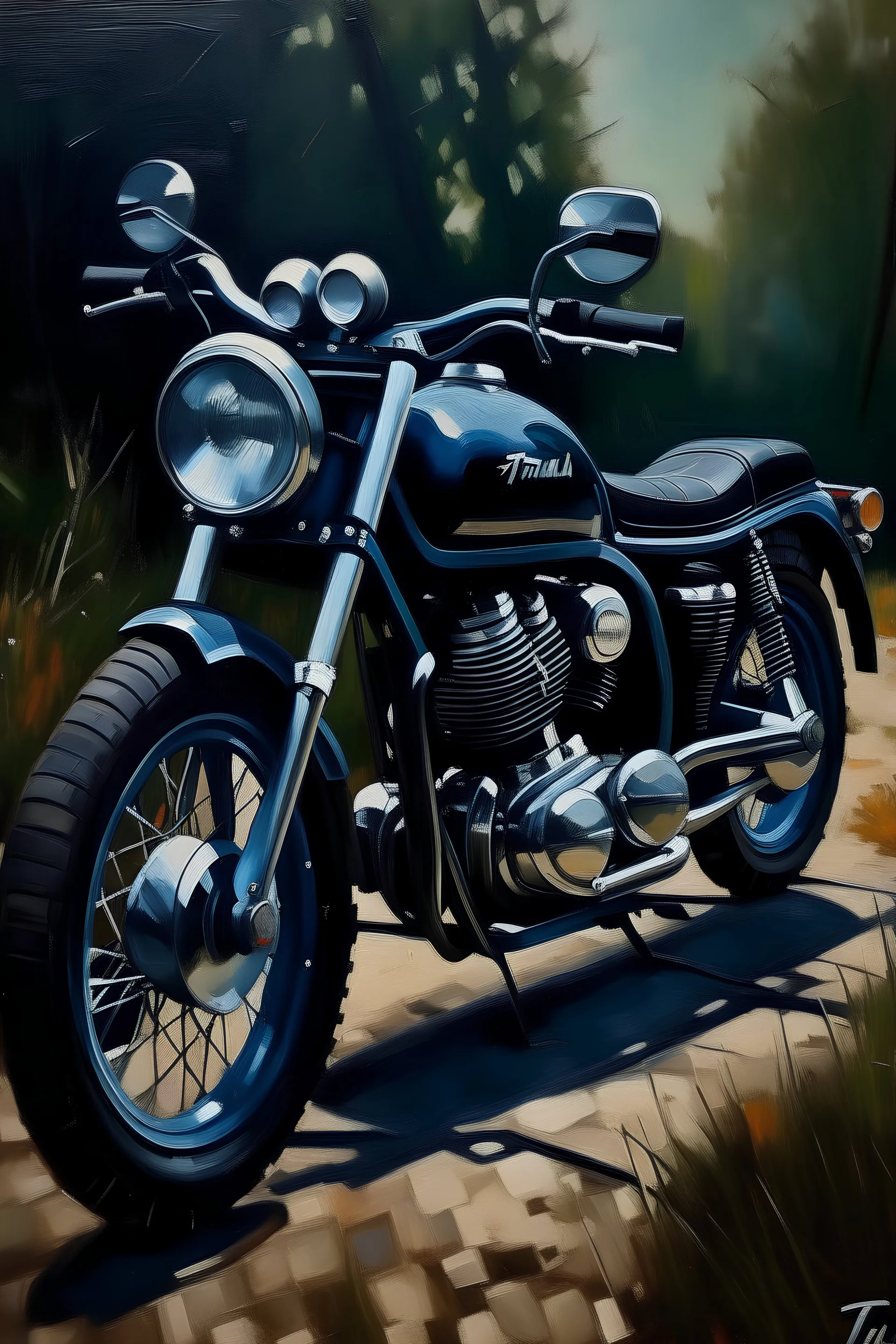 oil painting of t-max motorcycle ana a wolf