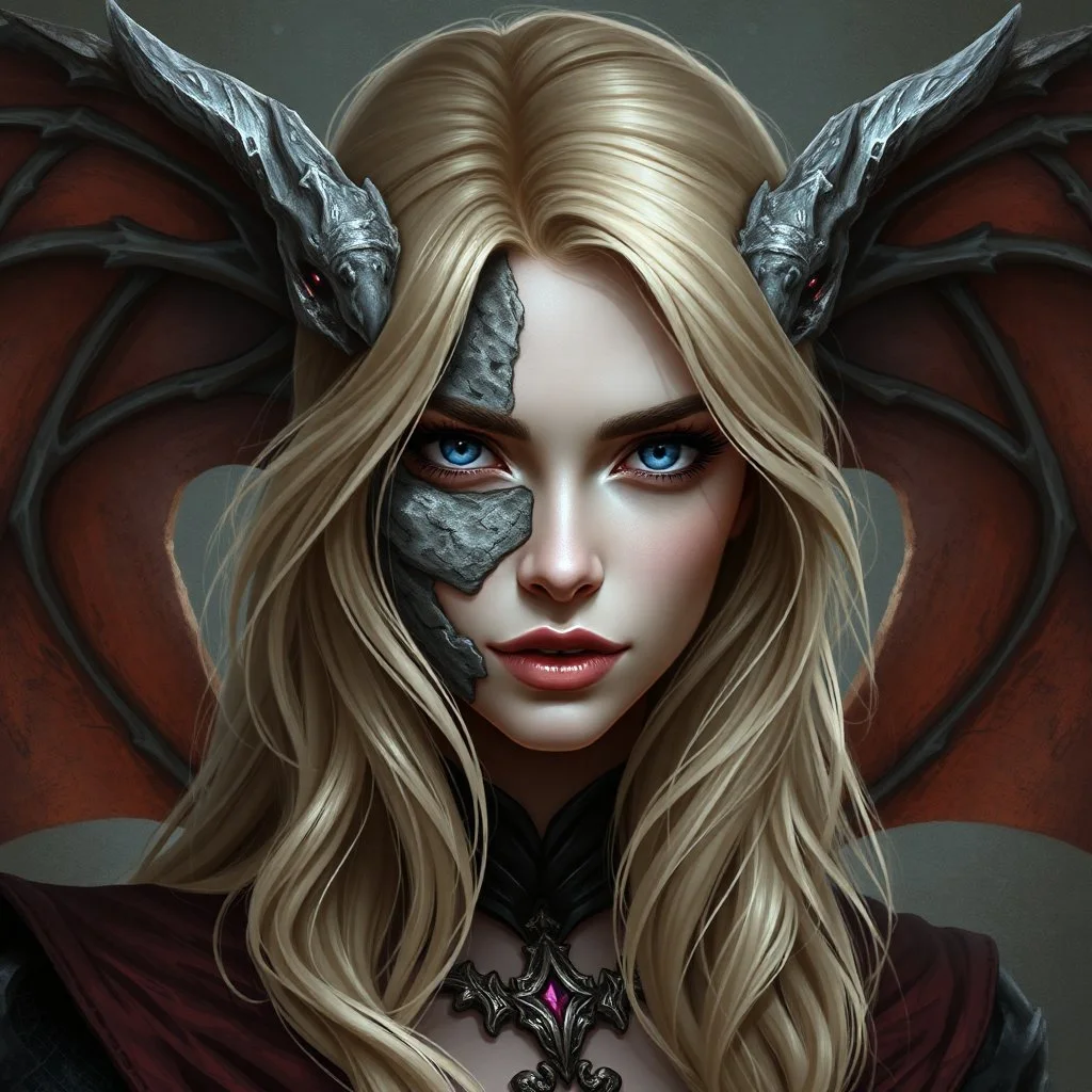 a portrait of an attractive blonde fantasy woman who is half human and half gargoyle, her face is partially made of stone, medieval, gothic, digital art, stylised