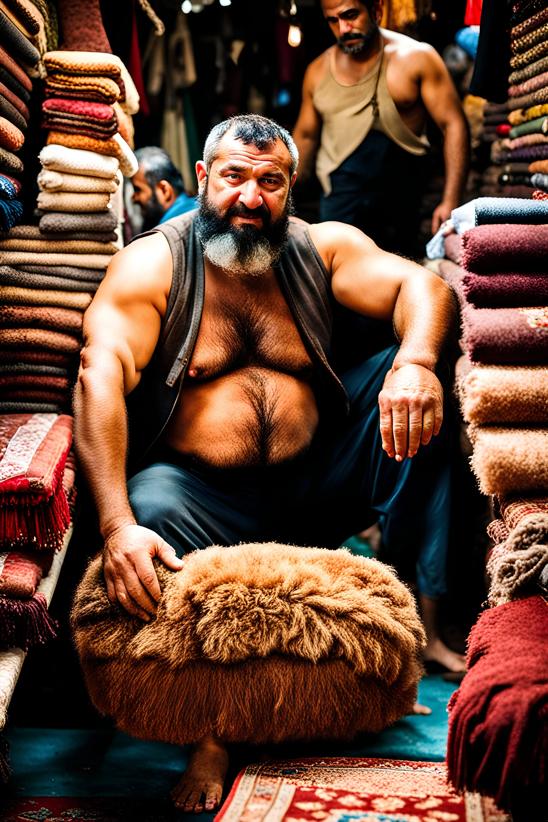 close up photography of a burly beefy strong 40-year-old Turk in Istanbul bazaar, shirtless, selling carpets sitting on a pile of carpets, biig shoulders, manly chest, very hairy, side light,