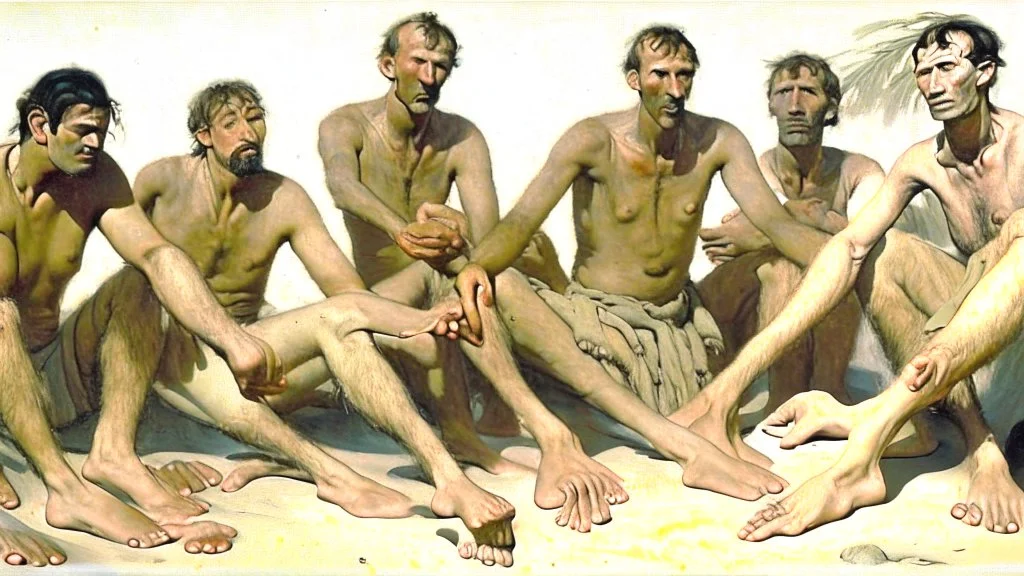 group of men surrounded by bare feet