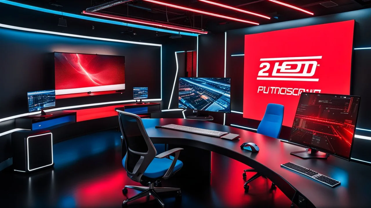 in the foreground there is a huge hd pc monitor on a modern design desk on a black background with a red inscription, text: 23:59, in the background a futuristic studio, blue and white neon lights, some modern black office chairs