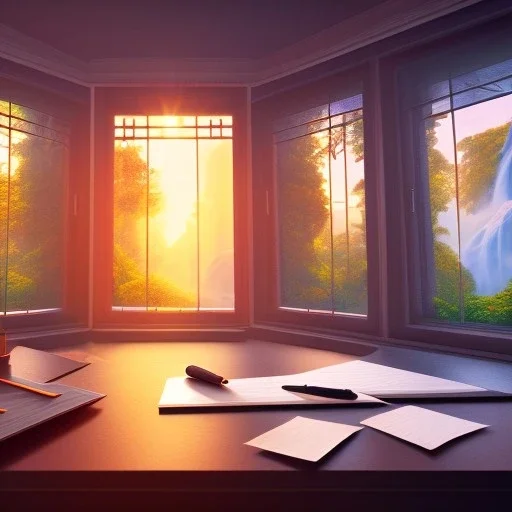 desk, parquet, paper, little pen, in front of one huge bay window with large view on a waterfall with warm light, sunset ,pixar style, panorama, nature, HD