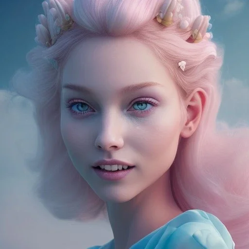 a pink castle, a cheerful fairy in front, big smile, pink, blonde hair, beautiful, whole face, whole top hair head, wide open blue eyes, transparent wings onn the back, hyperrealism, masterpiece, expert, cinematic lighting, sharp focus, 8K, pastel, macro lens, woman, detailed, flower