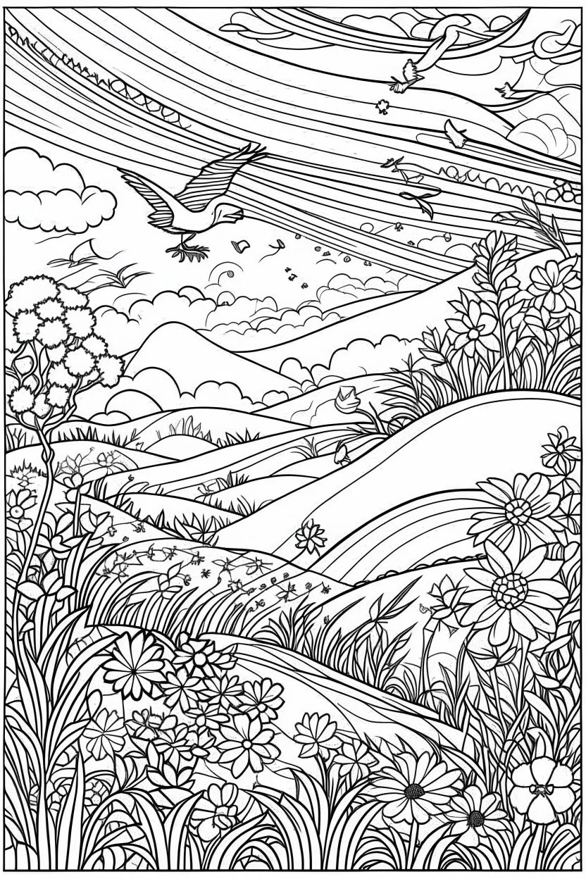 freedom, coloring book page, simple and clean line art, adult drawing book, low details, black and white, crisp black lines, no shades, sharp lines, coloring book for adults, cartoon style, landscape