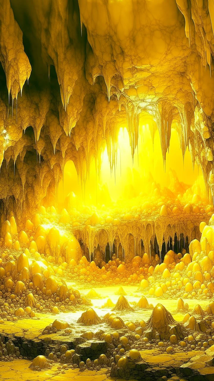 A golden yellow cave with round crystals painted by Cai Jia
