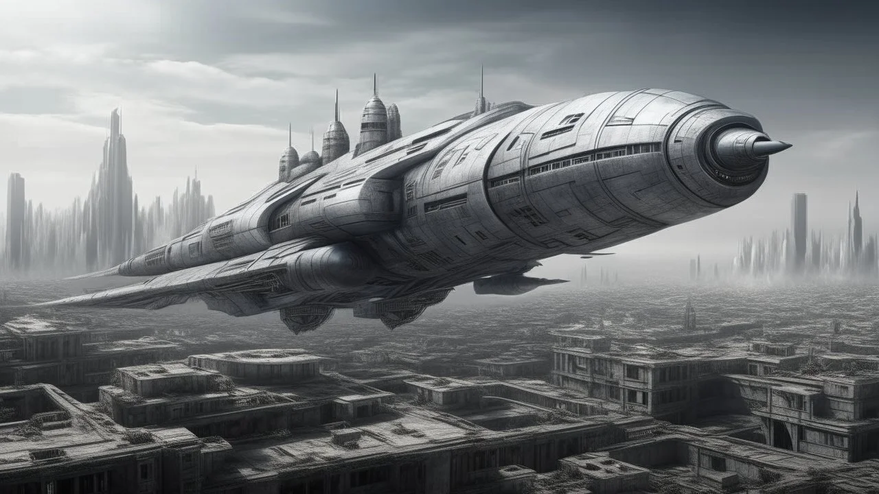 a photorealistic sleek silver spaceship flying over a ruined city