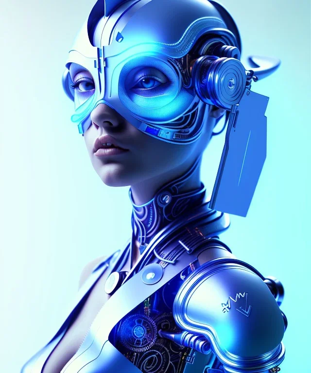 A beautiful portrait of a cute cyborg woman blue color scheme, high key lighting, volumetric light high details with white stripes and feathers and indian paterns and wimgs