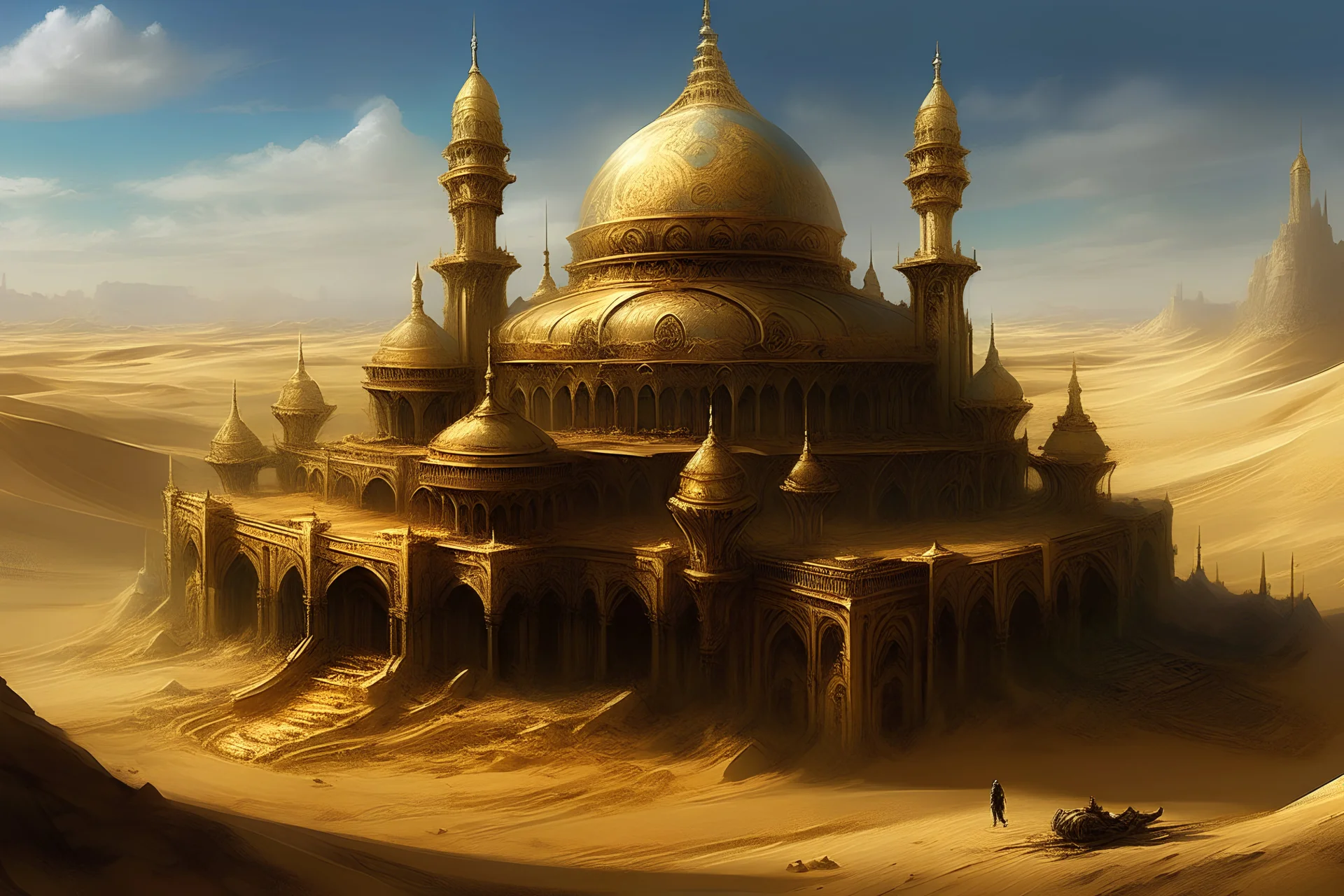 A brass palace sitting in the middles of a hot, melting wax desert, fantasy art, digital