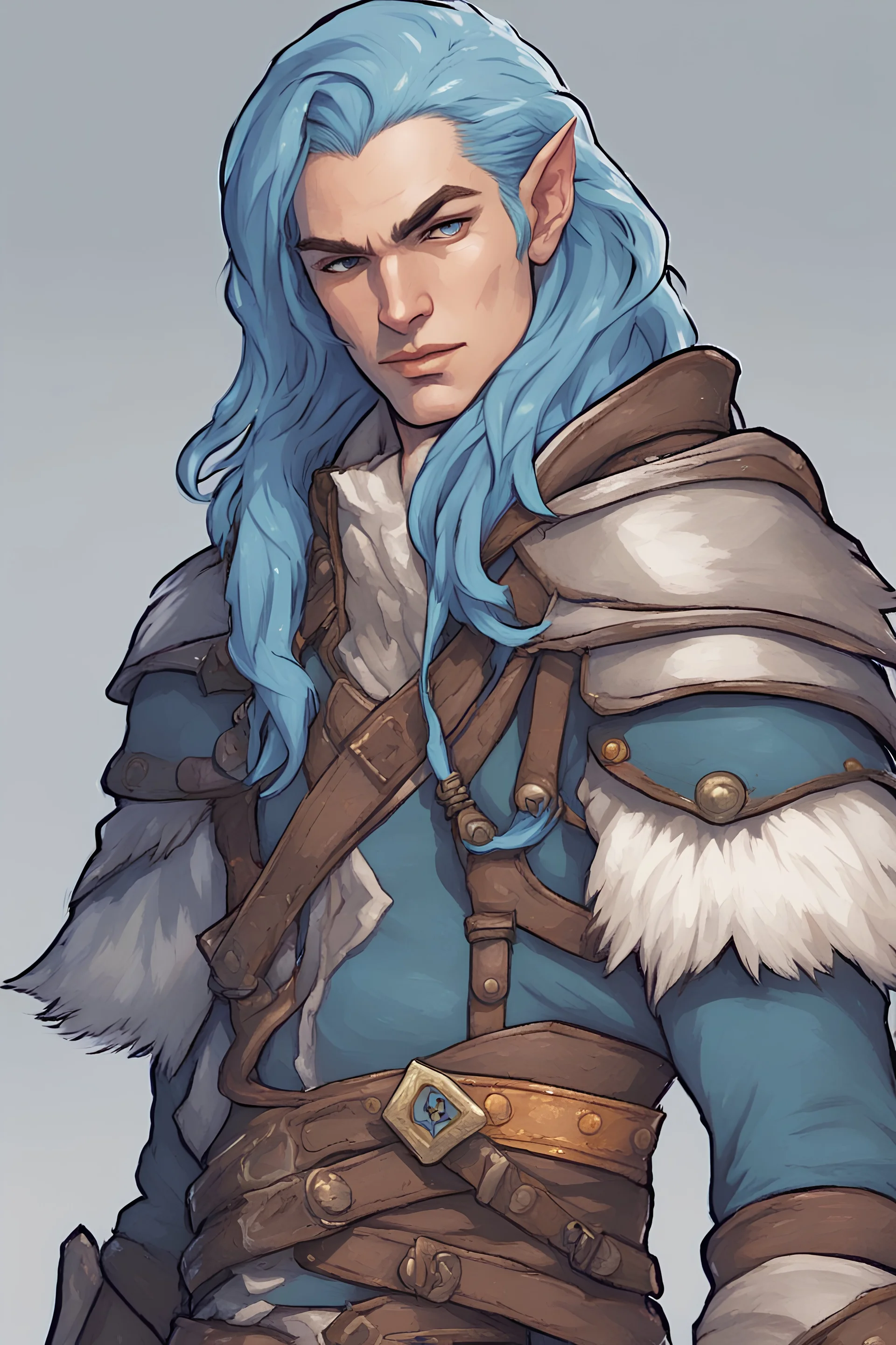 an illustration of a male blue hair eladrin ranger from dungeons and dragons