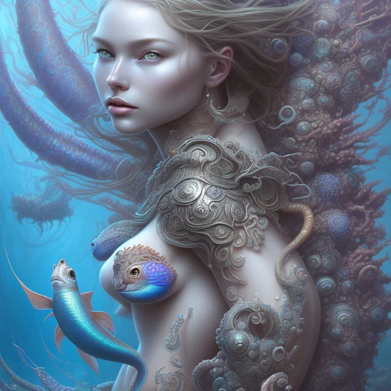 sango fantasy, fantasy magic, intricate, sharp focus, illustration, highly detailed, digital painting, concept art, matte, artgerm and paul lewin and kehinde wiley, masterpiece sexy lips African lady fish body mermaid turquoise space lady beach sea under water mermaid seaweed