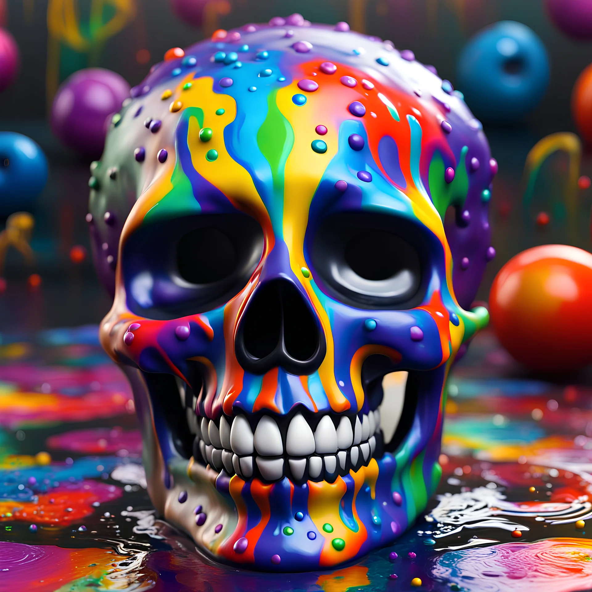 ((melting mexican day of the dead sugar skull)), covered in acrylic paint, colourful drizzle, fluid form, glossy texture, Pixar 3D animation style, plasma punk, ((Ritualistic, hand painted art)) iconic, CGI, Photorealistic cg, digital painting, conceptual, depth of field, pop surrealism, vibrant, enegetic, Guillermo Del Toro, detailed, stylish and visually expressive, soft lighting, smooth surface, surreal art, recursive ray tracing, rim lighting, cgsociety, Maya, Houdini VFX, Octane render, 4K