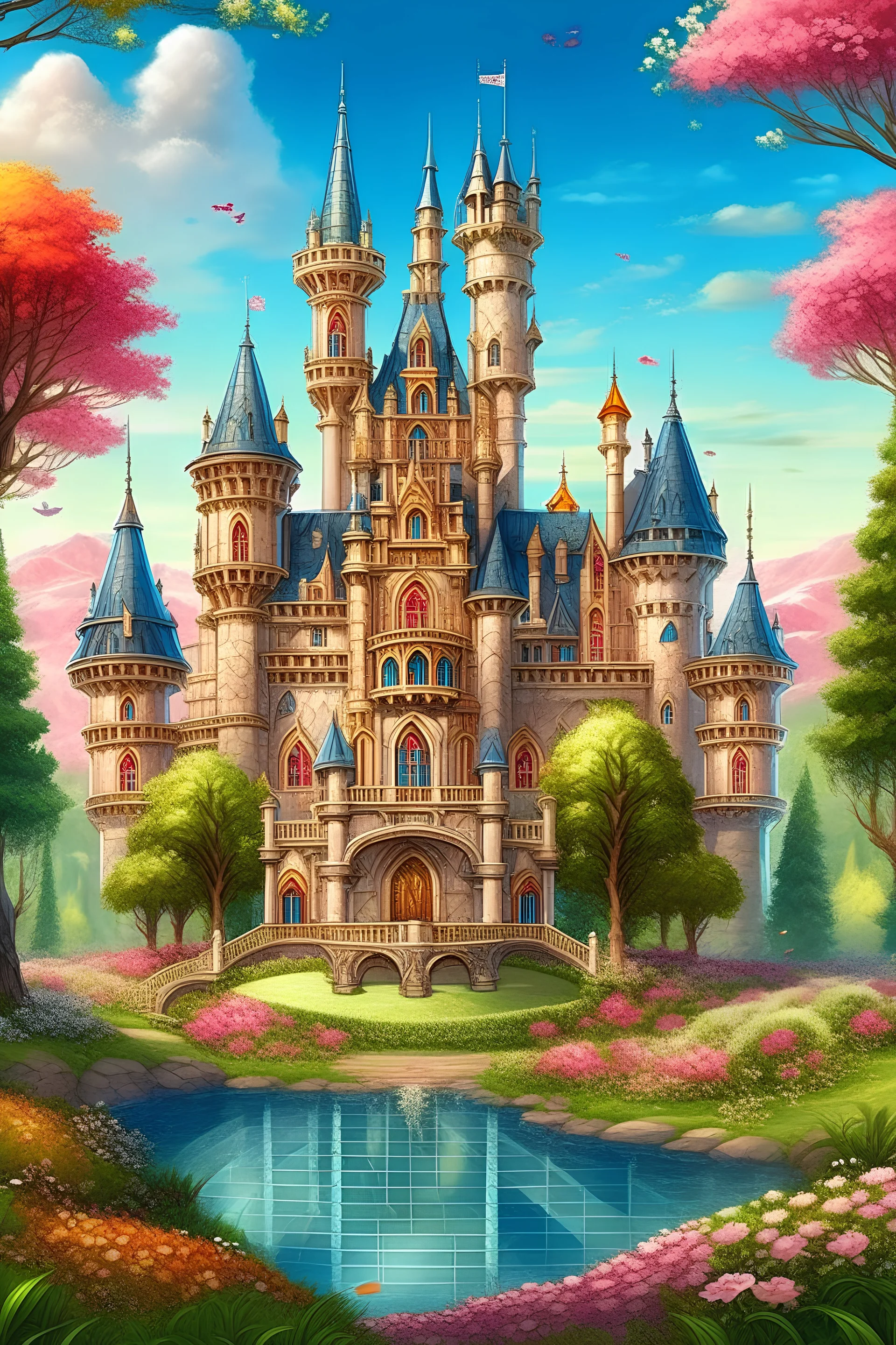 Generate a stunning 2D illustration of a palace set in a picturesque spring landscape. Envision a magnificent castle surrounded by blooming flowers, lush greenery, and vibrant trees in full bloom. The castle should stand majestically in the center of the scene, with towering turrets, elegant spires, and intricate architectural details that exude regal charm and beauty. Incorporate a sparkling water fountain adjacent to the castle, with clear water cascading gracefully into a tranquil pool below.