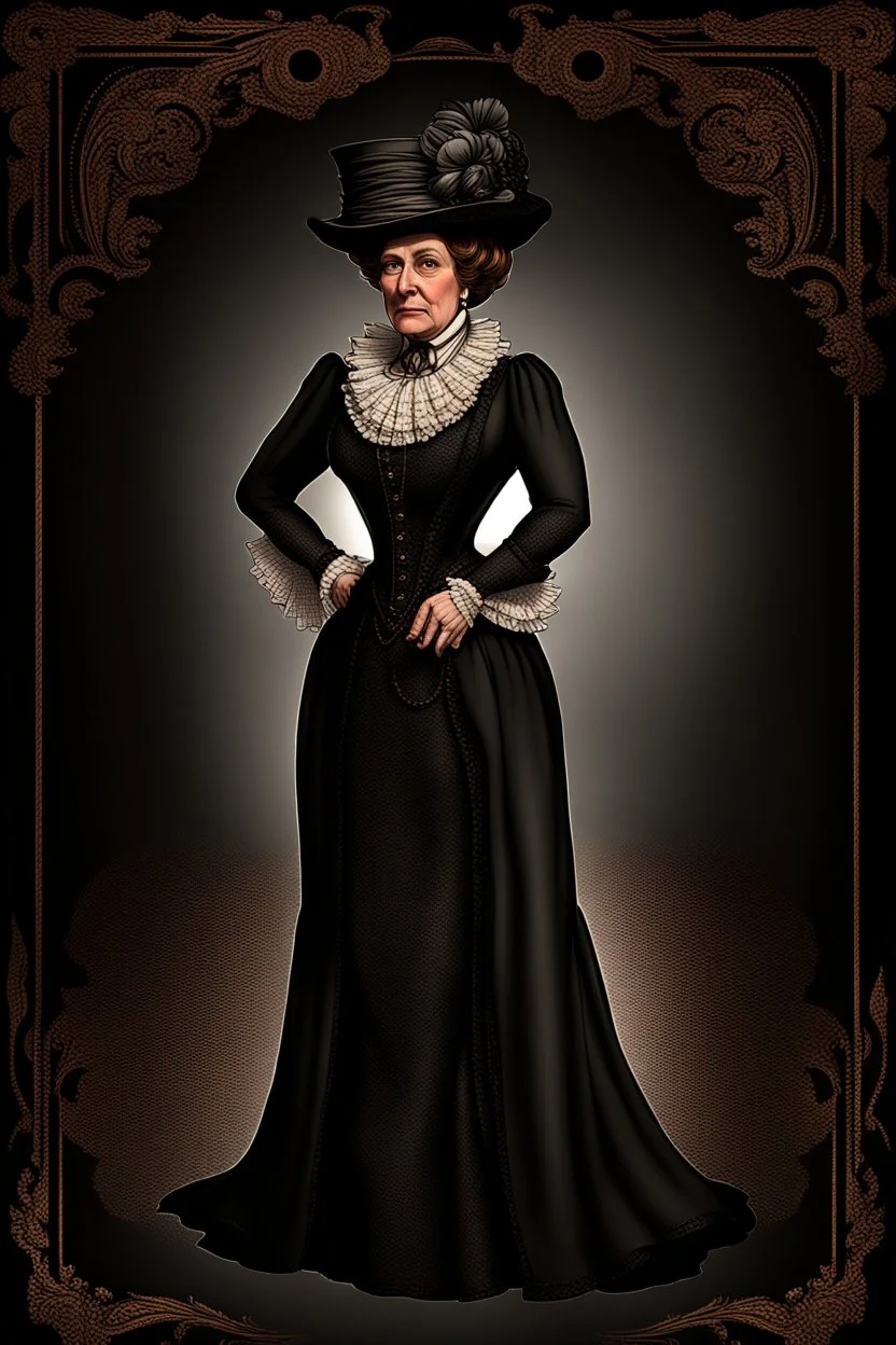 warm but stern aunty victorian era, posh british accent influenced, high born facial features dnd character on a solid black background, full body image, high quality realistic.