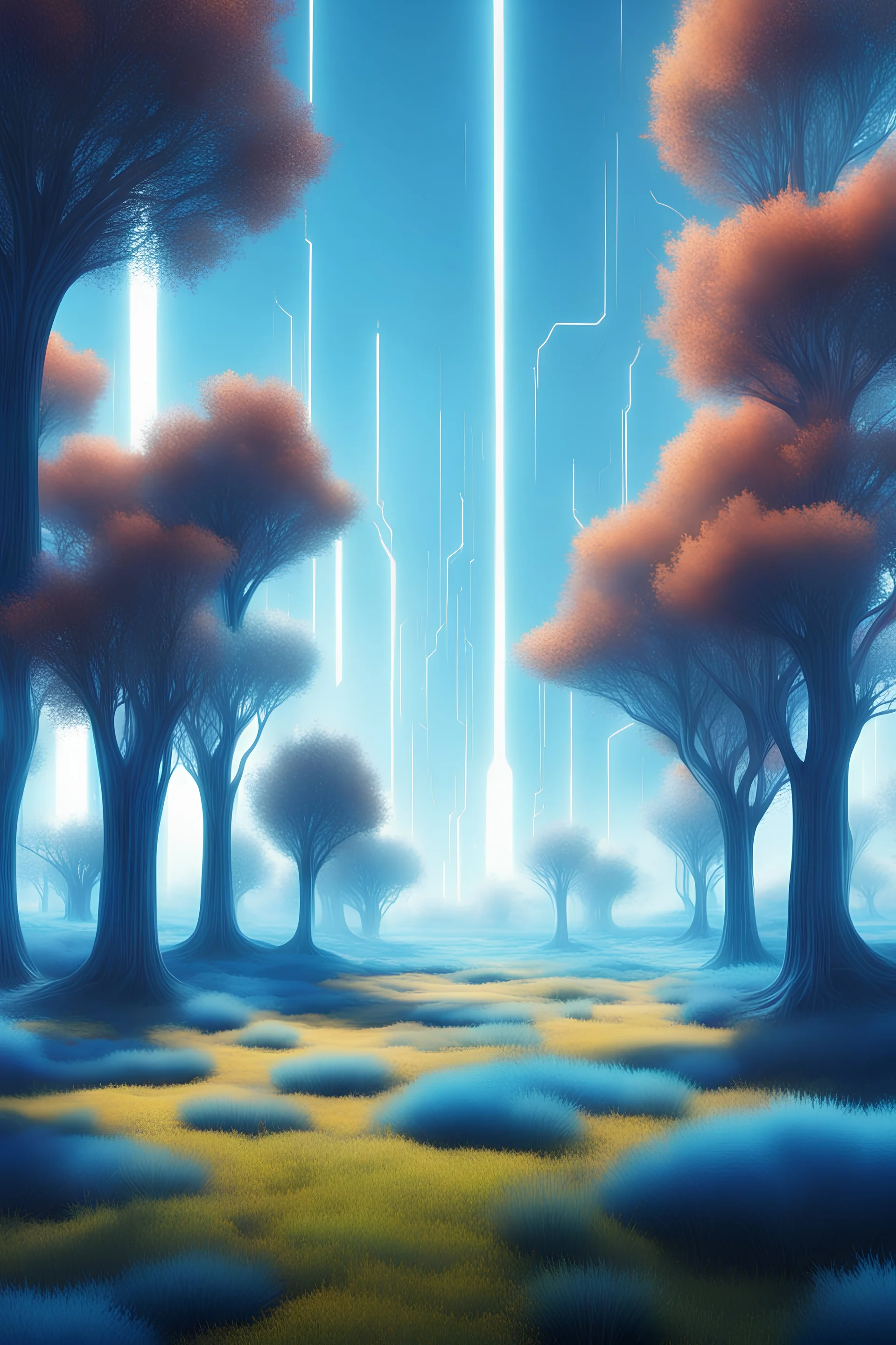 futuristic ad sci-fi bright daytime landscape with blue trees and grass, the lighting is bright