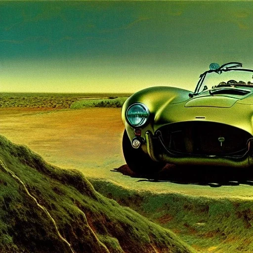 closeup of rusty shelby cobra, moss covered, desert, cracked dry lake bed, by Zdzislaw Beksinski, Norman Rockwell, highly detailed, soft lighting, 8k resolution, oil on canvas