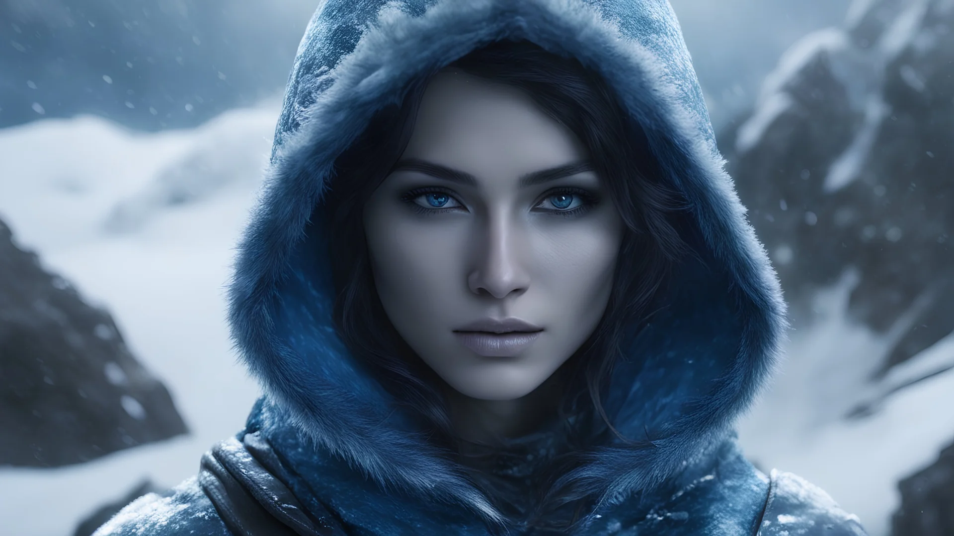 Photoreal blue gorgeous hooded blue scaled triton ranger woman with blue scaled blue skin and hair and fur-lined armor in an ice covered mountain landscape snowing at night by lee jeffries, otherworldly creature, in the style of fantasy movies, photorealistic, bokeh masterpiece smooth shading, ultra detailed, high resolution, cinematic, unreal 6, subtle shadows, octane render, 8k, cinema 4d, HDR, dust effect, vivid colors