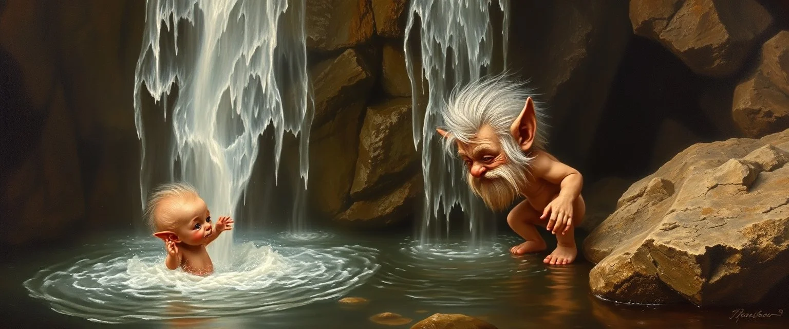 master oil painting by Rembrandt,cute blind trolls bading baby inside waterfall with nyx