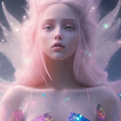 one big crystal glitter pink blue subtle galactic fairy in a galactic ambiance,glitter long blond hair down to the ground,transparent petals,blue eyes,delicate colors in the foreground, full of details, smooth，soft pink violet light atmosphere, light effect，vaporwave colorful, concept art, smooth, extremely sharp detail, finely tuned detail, ultra high definition, 8 k, unreal engine 5, ultra sharp focus